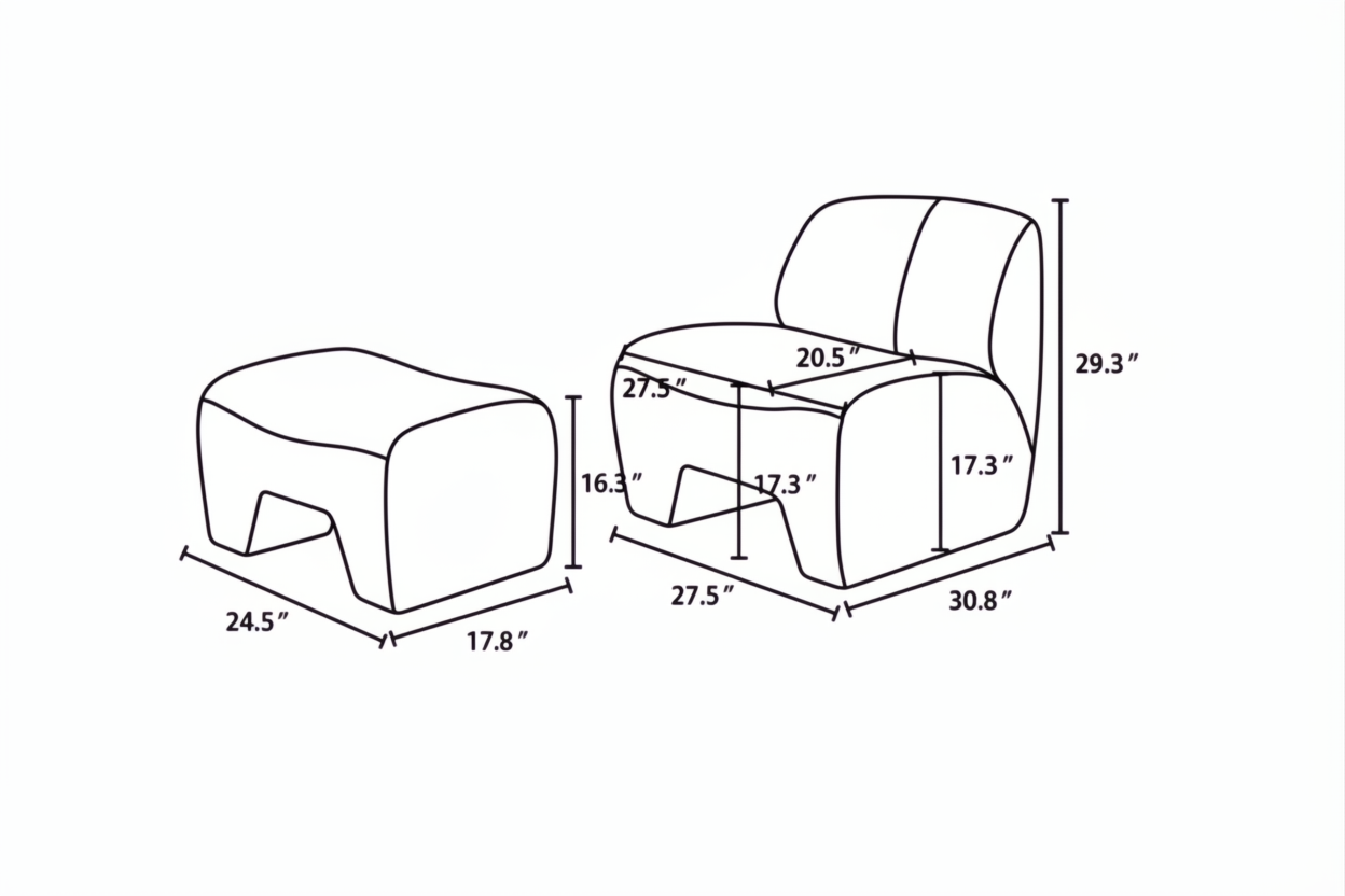 Line drawing of the Surya Sable Accent Chair and ottoman with dimensions.