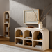 Ivory washed mango wood Surya Tana console table with arched compartments, global-inspired bohemian design.
