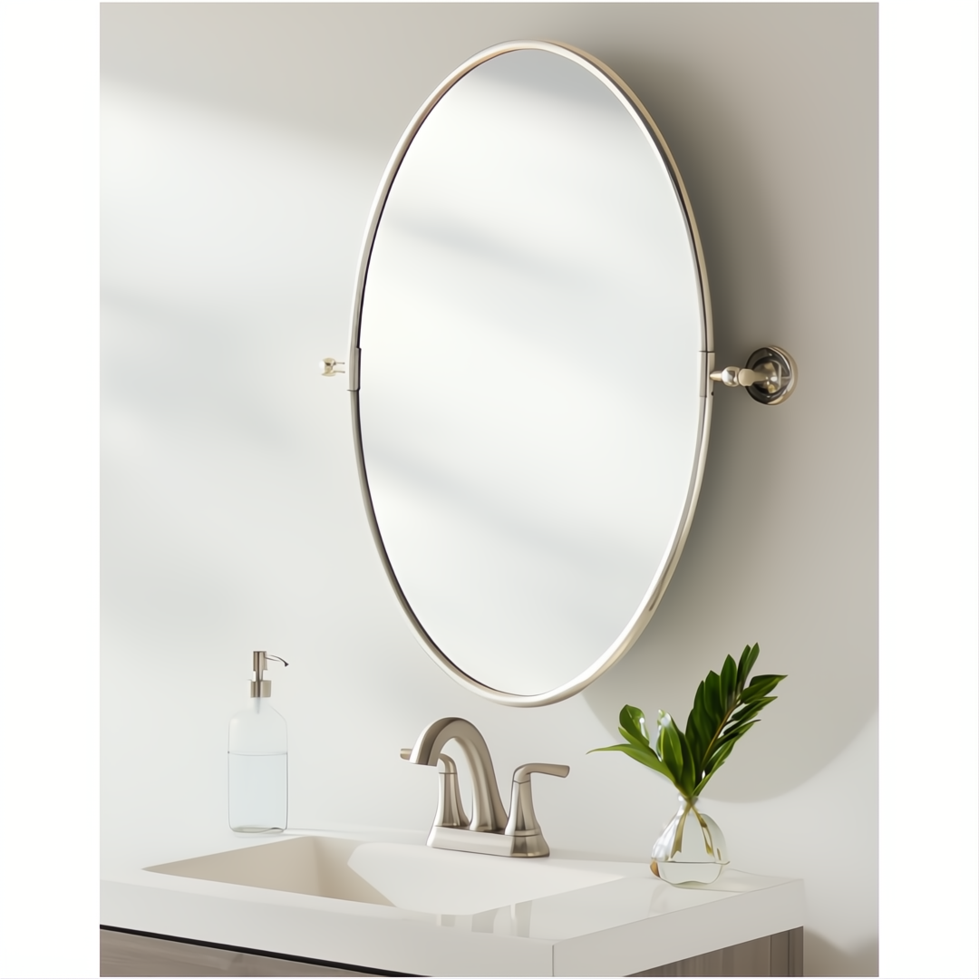 Surya Burnish oval wall mirror with antiqued metallic silver brass frame, vertically mounted above a sink.