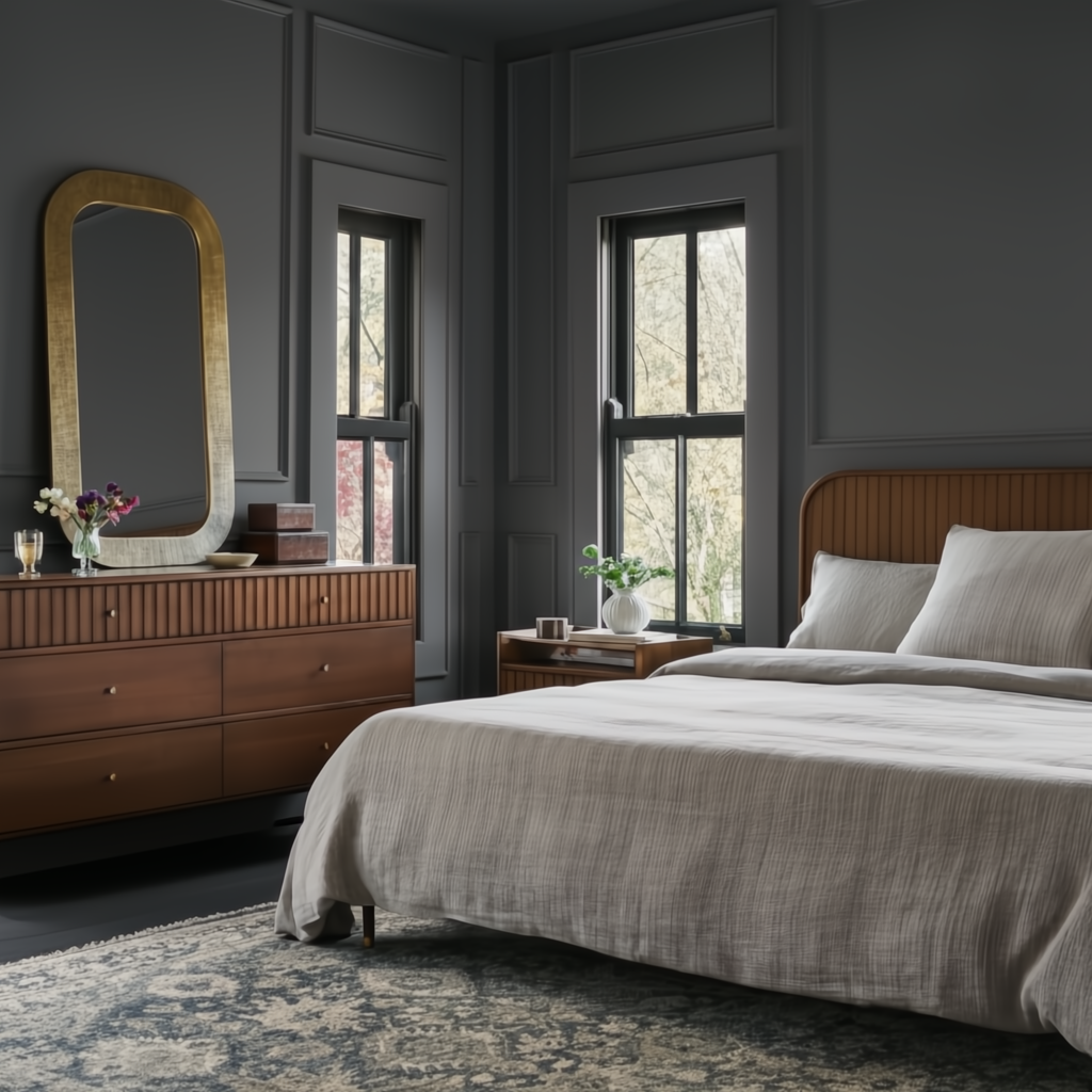 Madri 62-inch brown wood dresser with fluted top, 6 drawers, and gold mirror in a modern bedroom.