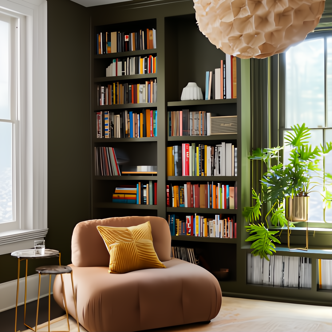 Surya Anadolu AAU-2307 area rug in a cozy room with a brown chair and built-in bookshelves.