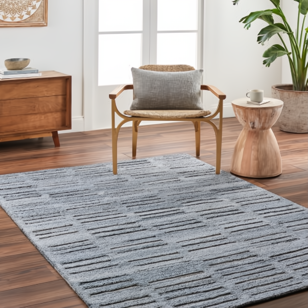 Surya Calgary CGR-2306-P hand-tufted rug in pale blue with dark blue striped pattern, made from recycled PET yarn.