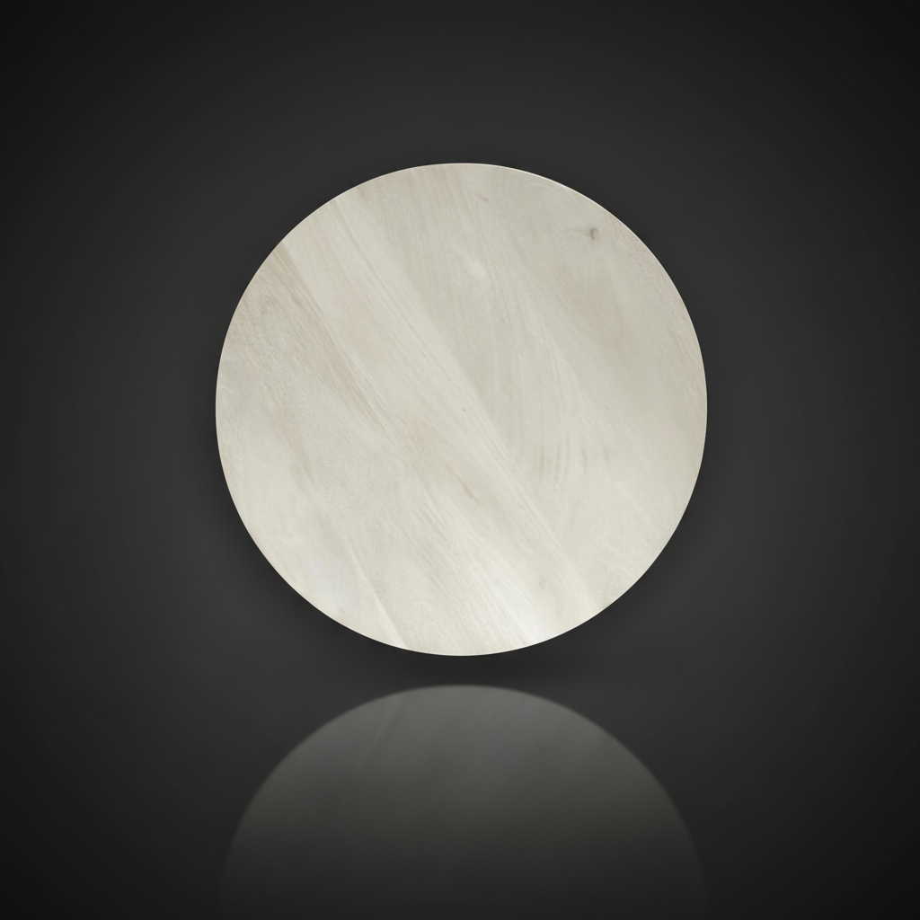 Round white washed mango wood end table top with natural wood grain.