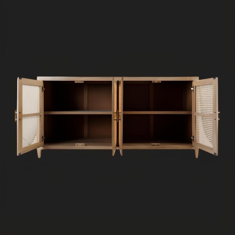 Modern mango wood sideboard with rattan doors open, revealing fixed shelves and a brown finish.