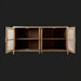 Modern mango wood sideboard with rattan doors open, revealing fixed shelves and a brown finish.