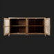 Modern mango wood sideboard with rattan doors open, revealing fixed shelves and a brown finish.