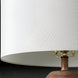 Close-up of Surya Algarve 62-inch accent floor lamp with white linen drum shade and brown wood-look body.