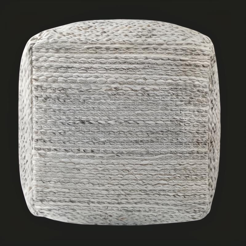 Modern woven light gray pouf made from recycled PET yarn, featuring a structured cube shape and knife-edge finish.