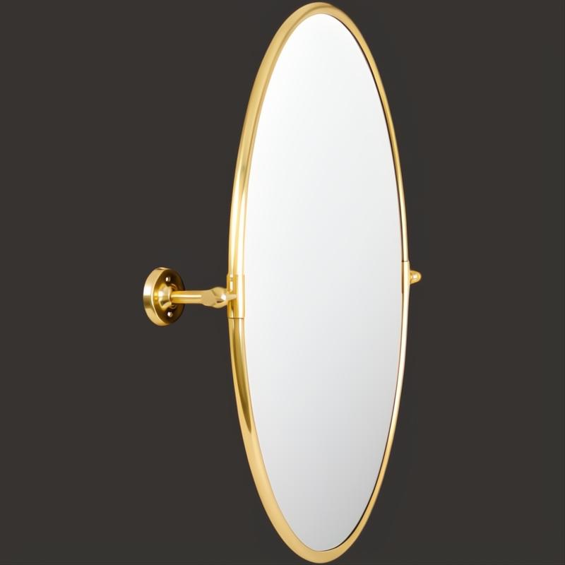 Surya Burnish oval wall mirror with an antiqued gold brass frame and pivot mount.