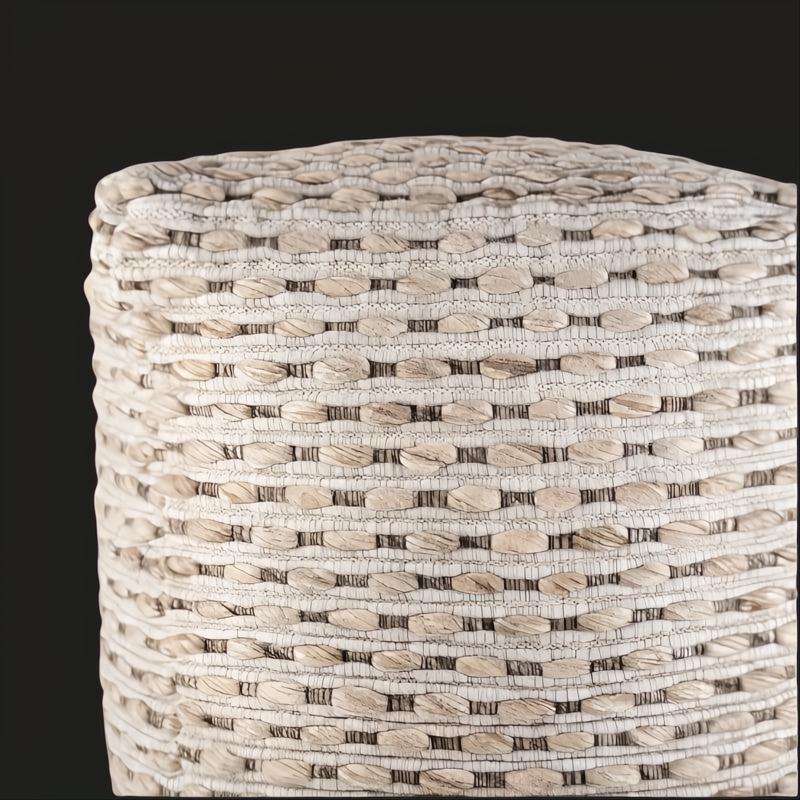 Surya Lanier Pouf NIPF-003, a woven cube pouf with natural wool and polybeads, featuring a textured beige and cream design.