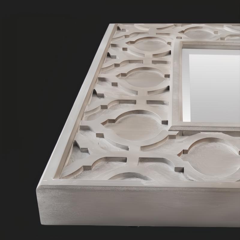 Surya MRR-1011 full-length grey manufactured wood mirror with a traditional geometric framed design and beveled glass.