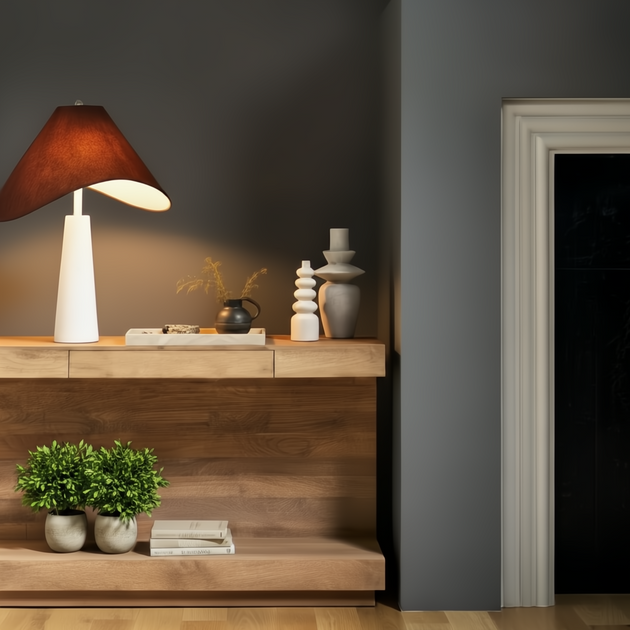 Surya Coburn brown lacquered mango wood console table with a soft-close drawer and plinth base.