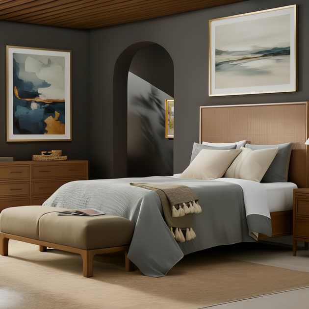 Hermosa Wood Bed with framed rattan headboard, brown oak veneer, and wooden hobnail details.