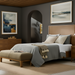 Hermosa Wood Bed with framed rattan headboard, brown oak veneer, and wooden hobnail details.