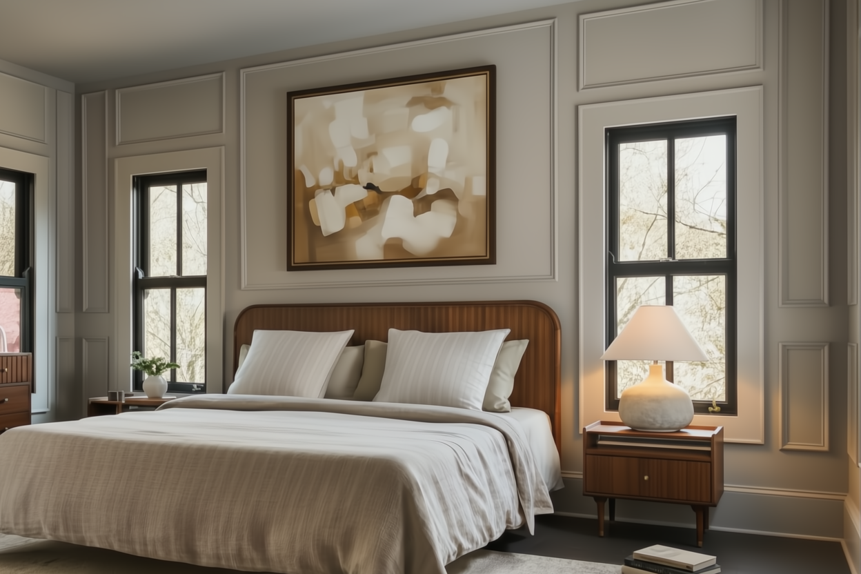 Brown Surya Madri nightstand with minimalist modern design, compact size, and lamp in a bedroom.