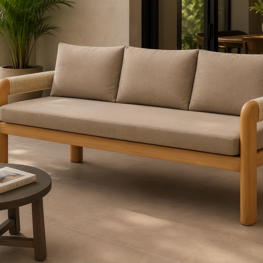 Surya Palma outdoor bench with beige Sunbrella cushions, teak wood base, and rope-wrapped arms.