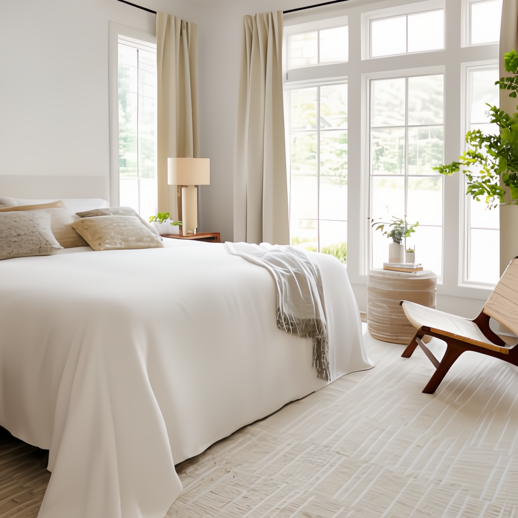 Camel Surya Denpasar Pouf, 18-inch cube, woven jute and cotton top, raw edge detail, in a bright bedroom.