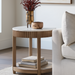 Surya Rosemary 22"H round end table with white marble top, fluted mango wood base, and lower shelf.