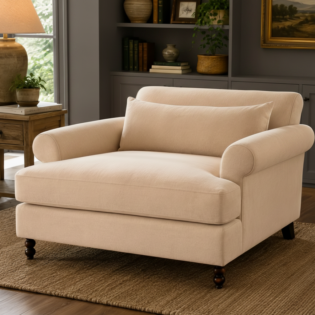 Surya Elowena Accent Chair, a wide, comfortable beige polyester upholstered chair with dark brown rubber wood legs.
