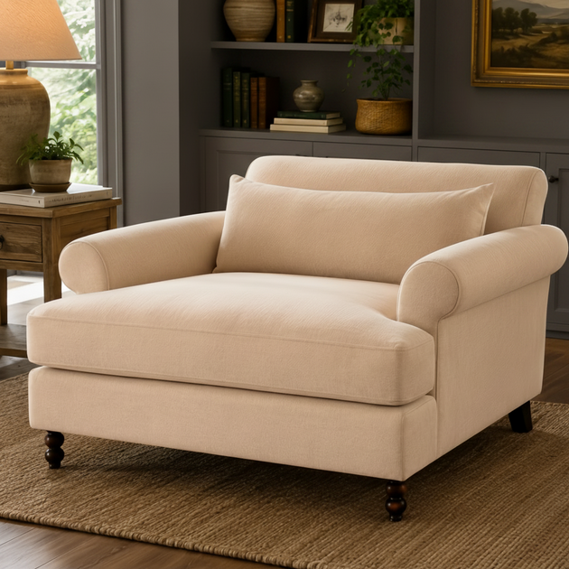Surya Elowena Accent Chair, a wide, comfortable beige polyester upholstered chair with dark brown rubber wood legs.