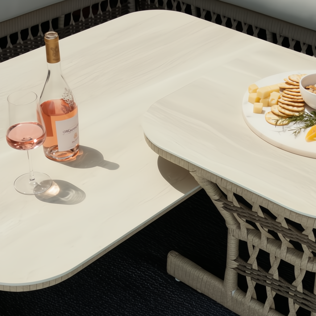Cream Surya Winder End Table with handwoven PE rope detail, holding a glass of rosé and snacks.