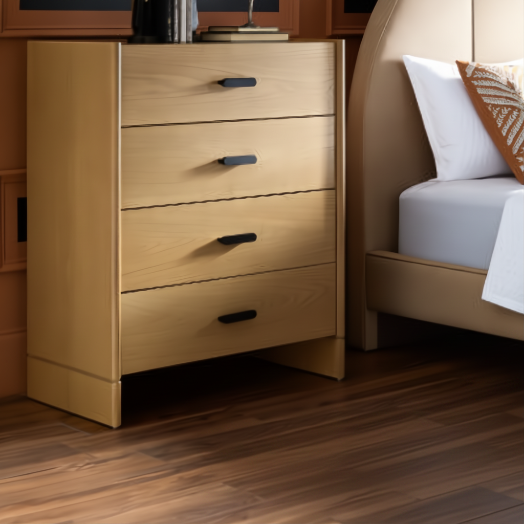 Bodo dresser: minimalist modern brown natural wood veneer dresser with four drawers and black pulls.