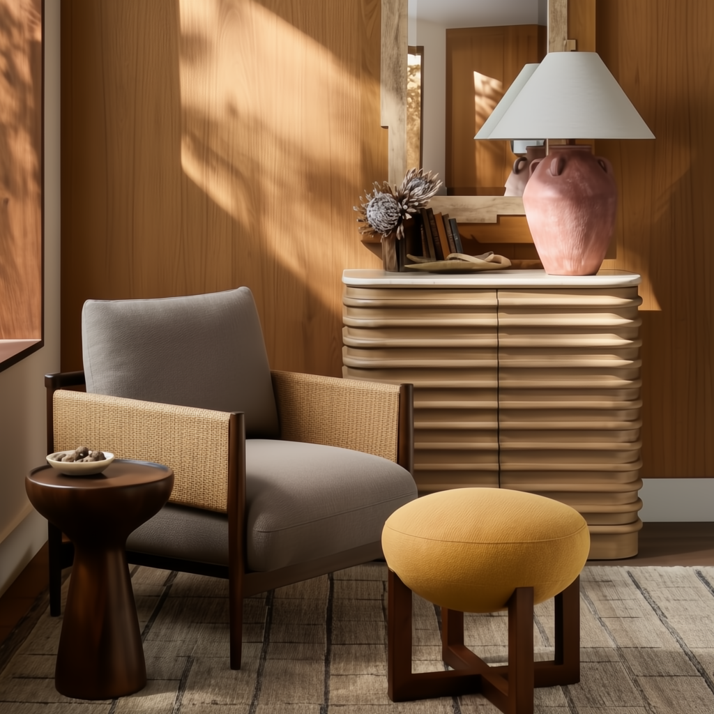 Beige lacquered mango wood Redondo cabinet with a polished marble top, push-to-open doors, and minimalist modern design.