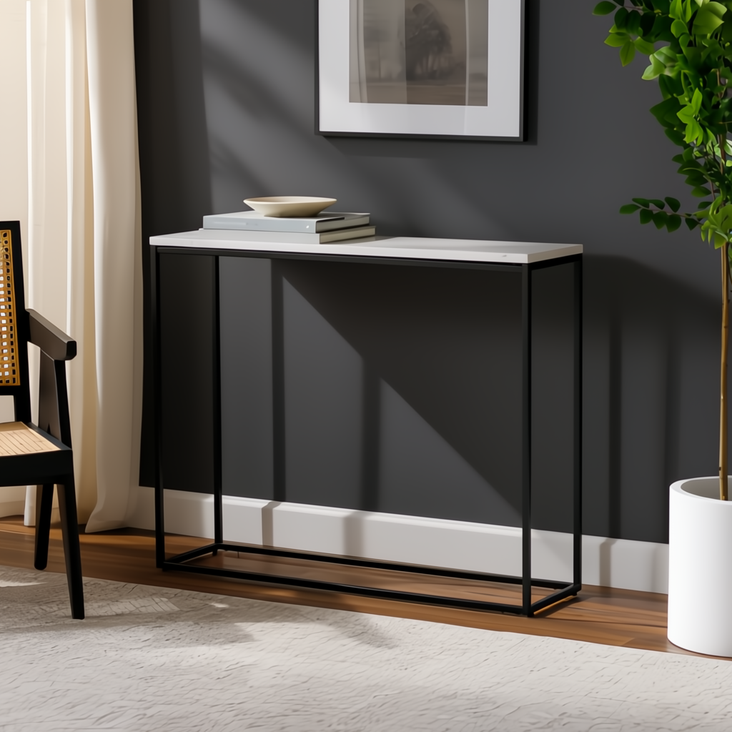 Surya Aryaa Console Table with white natural marble top and black powder-coated iron base.