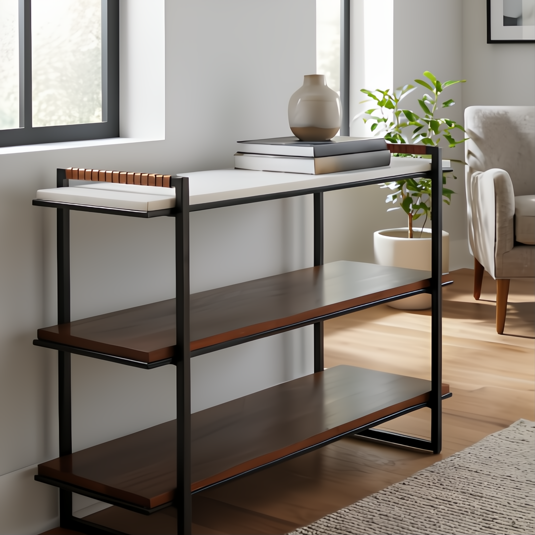 Surya Novelle Bookcase with white marble top, metallic bronze iron, stained acacia shelves, and leather handles.