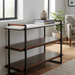 Surya Novelle Bookcase with white marble top, metallic bronze iron, stained acacia shelves, and leather handles.
