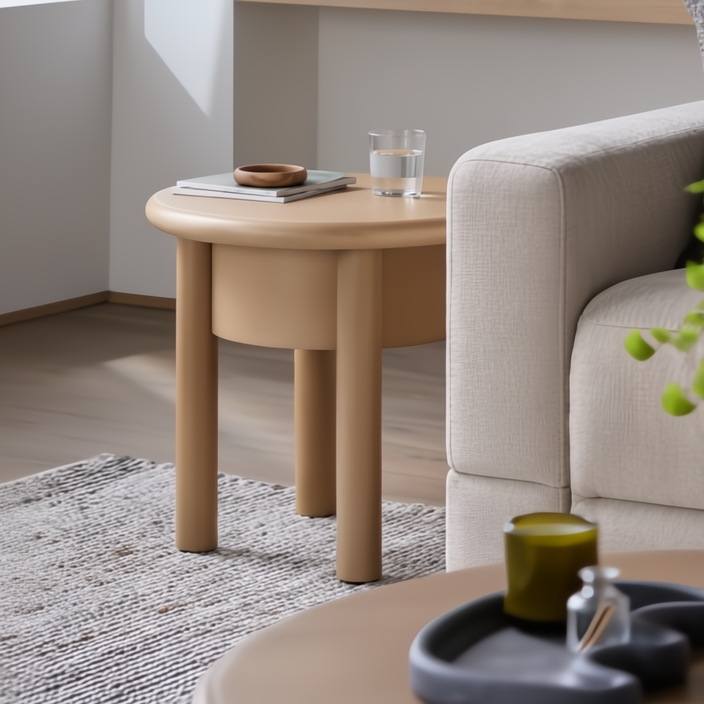 Surya Rondo End Table: Round natural mango wood end table with thick legs, next to a beige sofa.