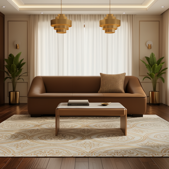 Modern brown leather Alba sofa with a structured profile in a living room.