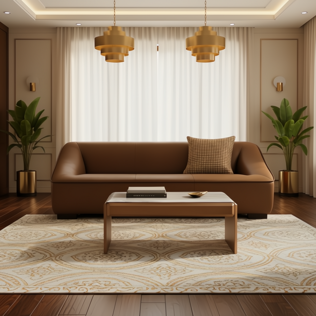 Modern brown leather Alba sofa with a structured profile in a living room.