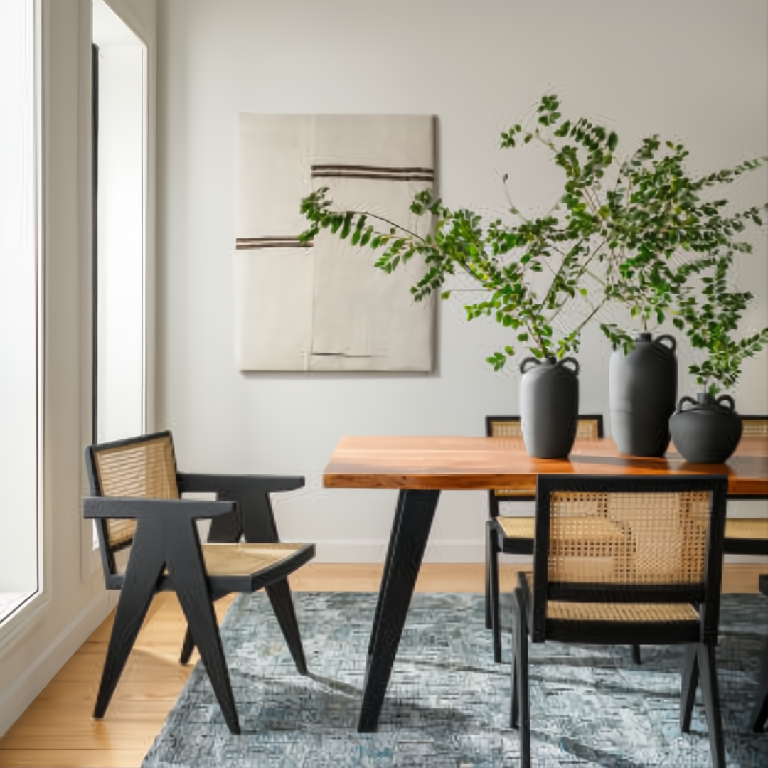 Modern dining room with black ceramic vases holding greenery on a wooden table, surrounded by black cane chairs.
