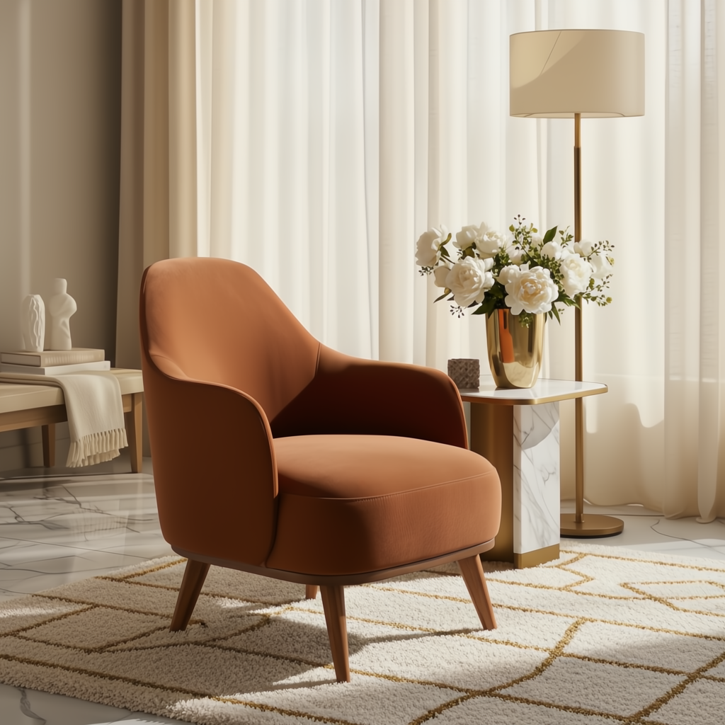 Surya Fantino accent chair with brown polyester upholstery and camel beechwood base in a modern living room.