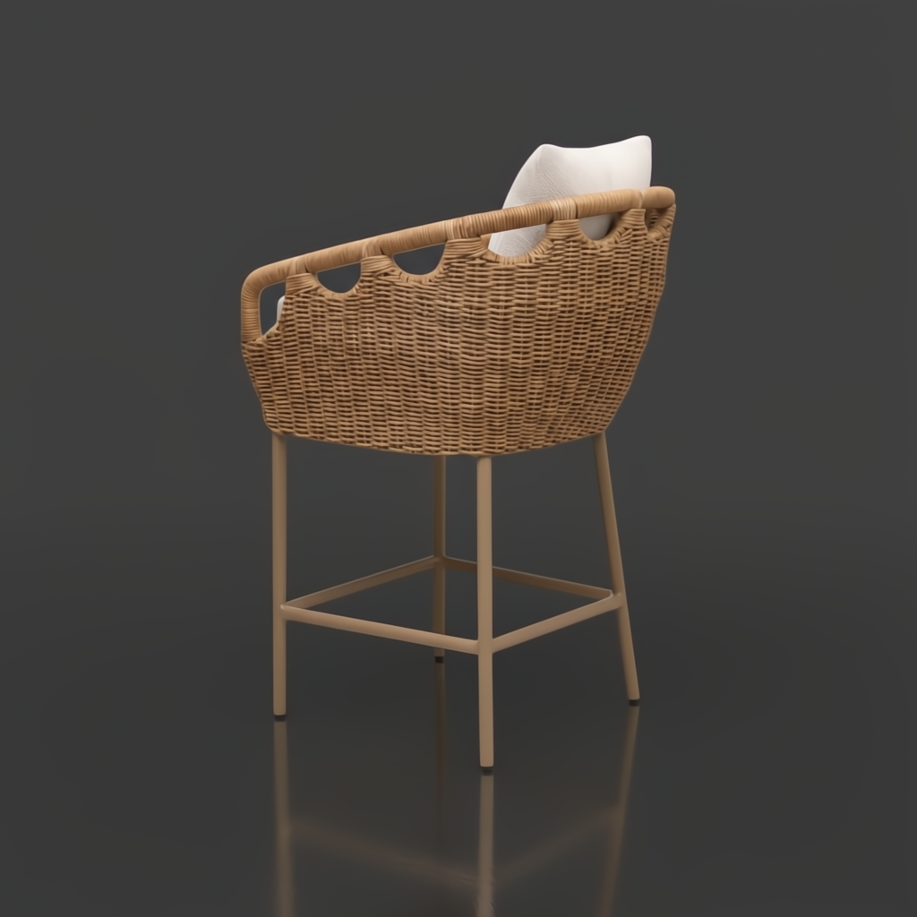 Surya Marvella outdoor bar stool with woven rattan back, white cushion, and dark brown aluminum base.