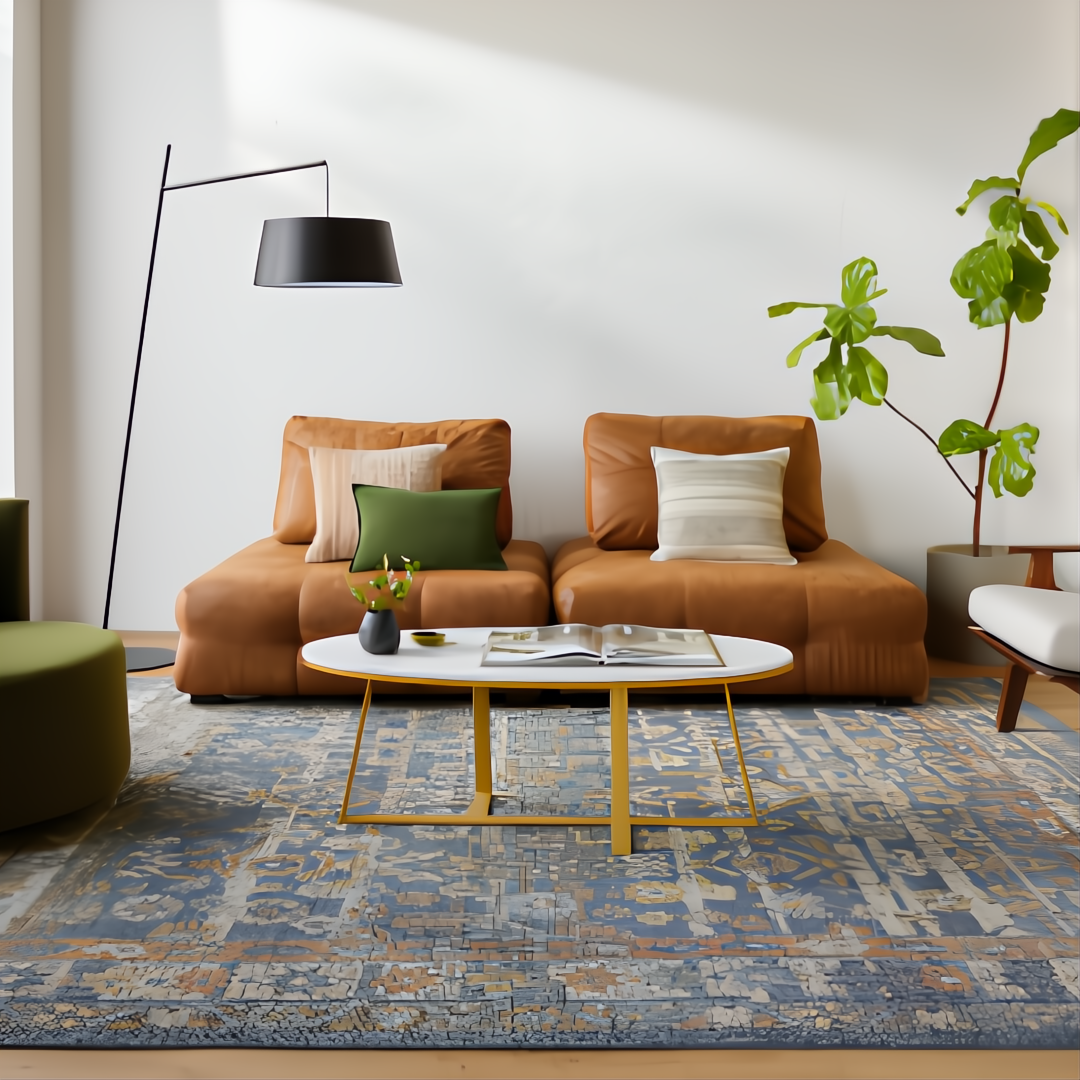 Surya Akola coffee table with white marble top and gold iron base in a modern living room.