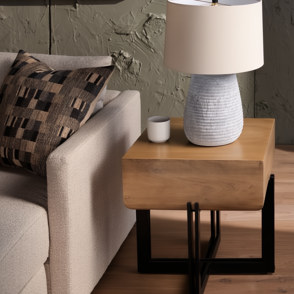 Surya Lowmax end table with natural brown mango wood top and black cast iron base, next to a sofa.