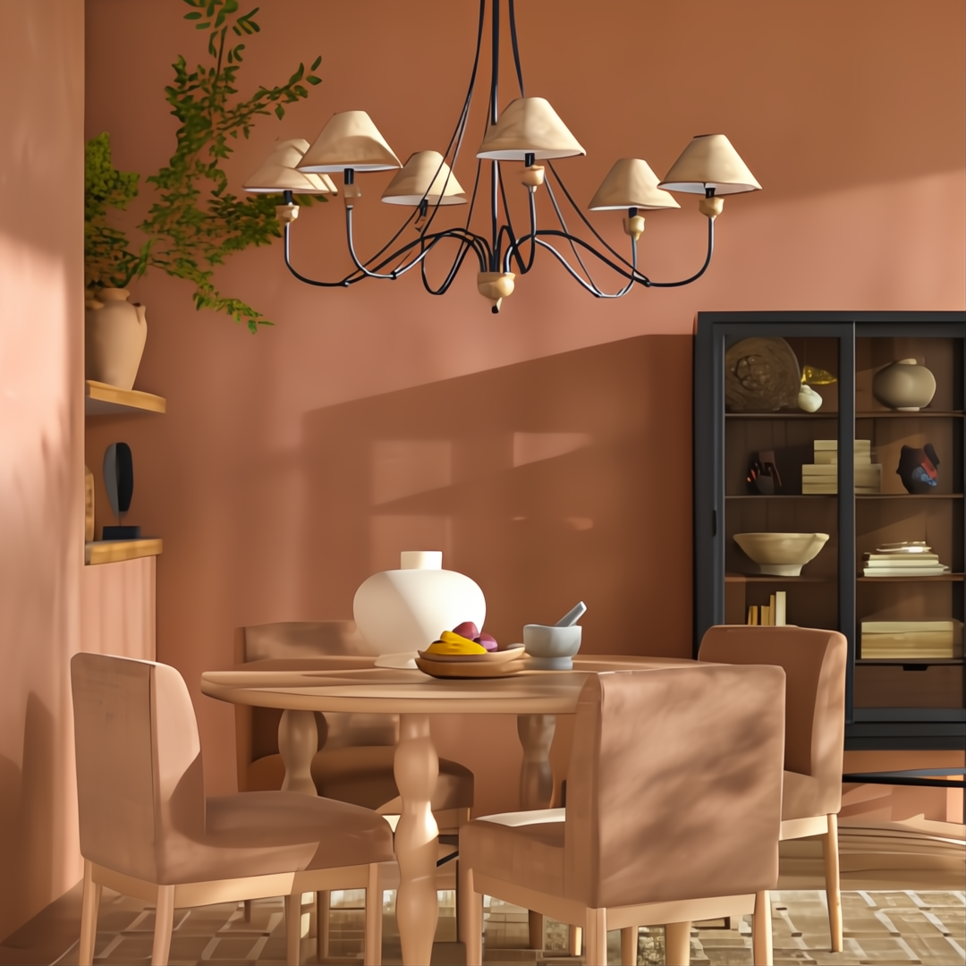 Modern dining room with a light wood table, four beige velvet chairs, and a white ceramic vase.