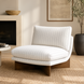 Surya Rosalia Accent Chair, wheat polyester with subtle stripes, high-density foam, and a dark rubber wood base.
