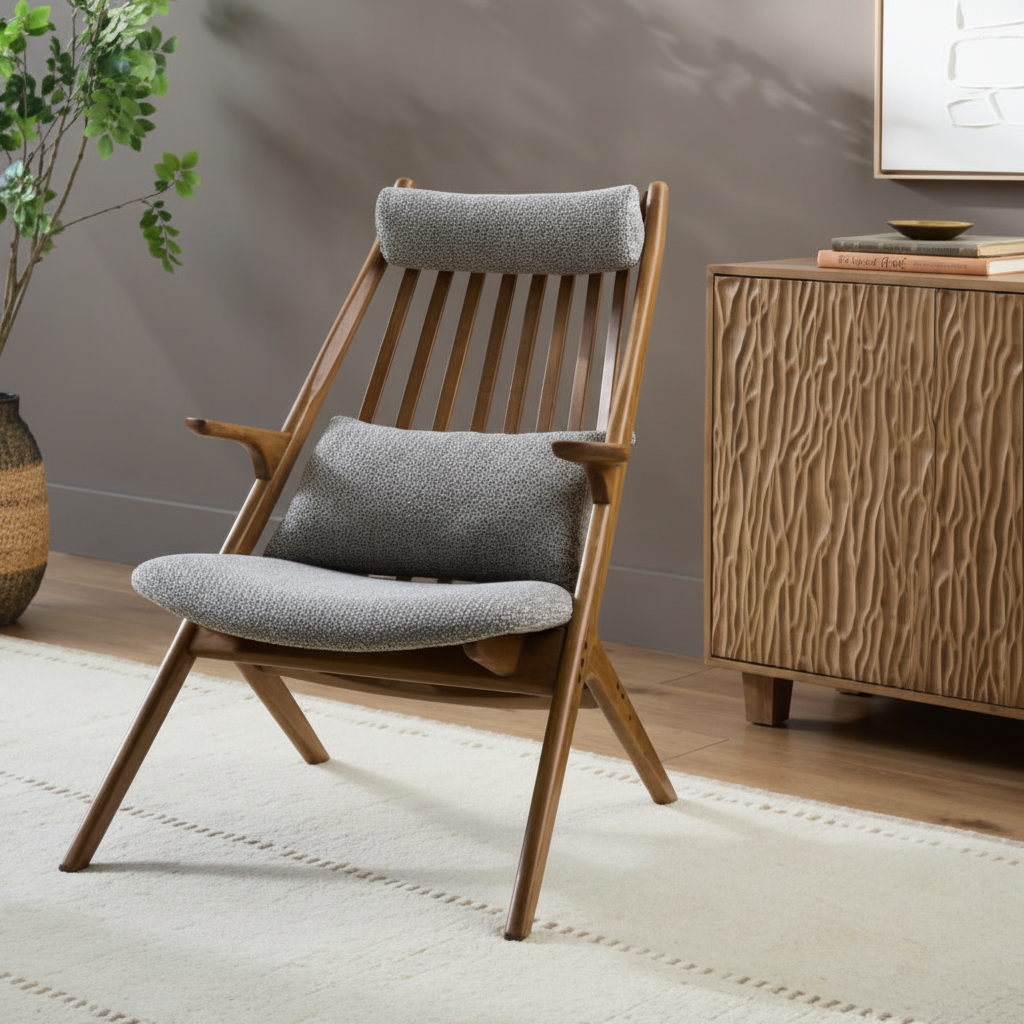 Surya Acworth medium gray accent chair with wood frame, headrest, and lumbar pillow.