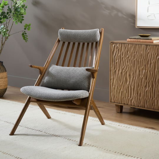 Surya Acworth medium gray accent chair with wood frame, headrest, and lumbar pillow.