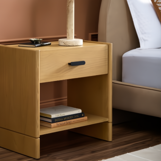 Bodo nightstand with a light brown oak finish, single drawer with a black pull, and open shelf.