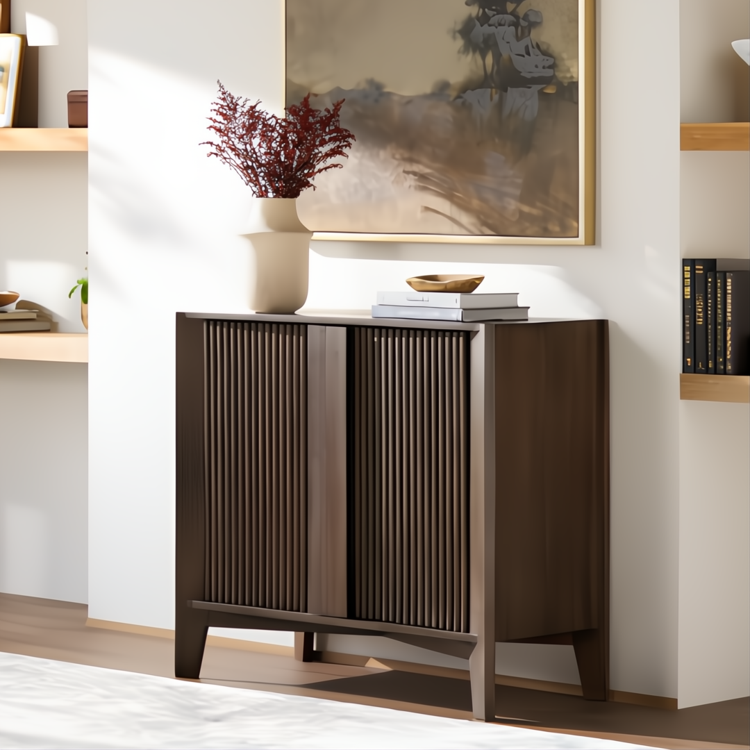 Modern brown lacquered mango wood cabinet with fluted soft-close doors, 32"H x 37"W.