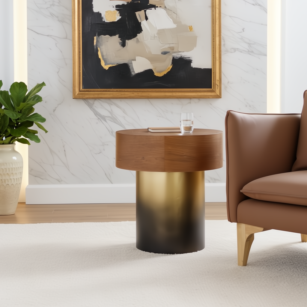 Surya Russula 22"H round end table with dark brown oak top and metallic gold iron base.