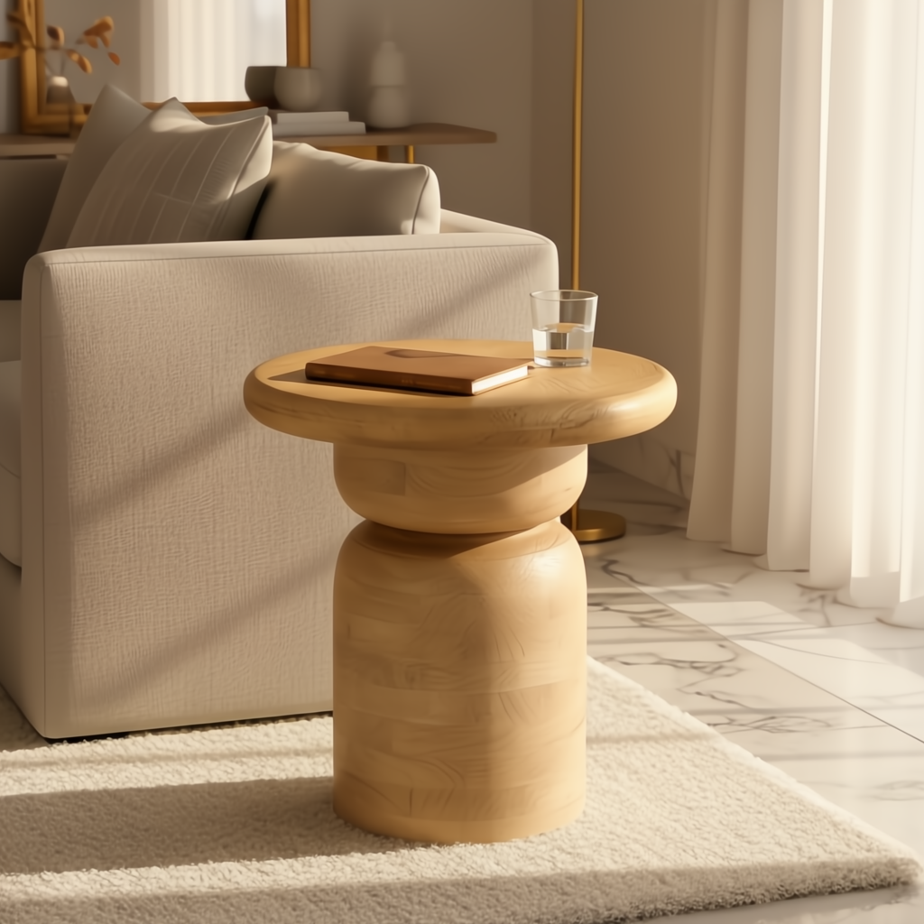 Beige mango wood Surya Koben End Table with a brushed finish, 22"H, beside a sofa.