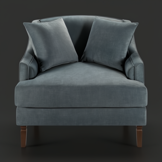 Surya Maywood accent chair with teal polyester upholstery, dark brown rubber wood base, and two throw pillows.