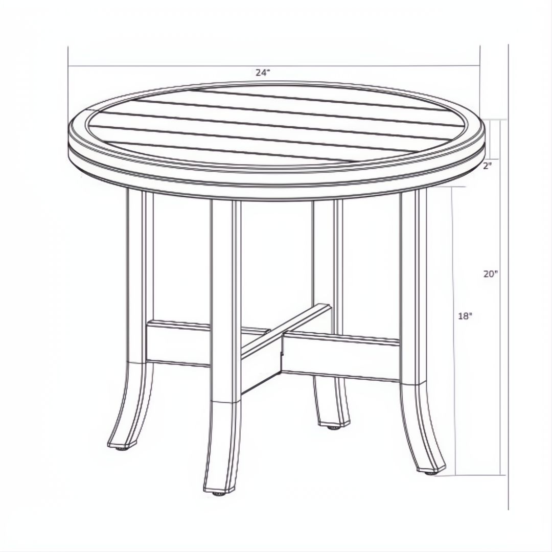 Black hand-painted aluminum round outdoor end table, 24" wide with slatted top and curved legs.