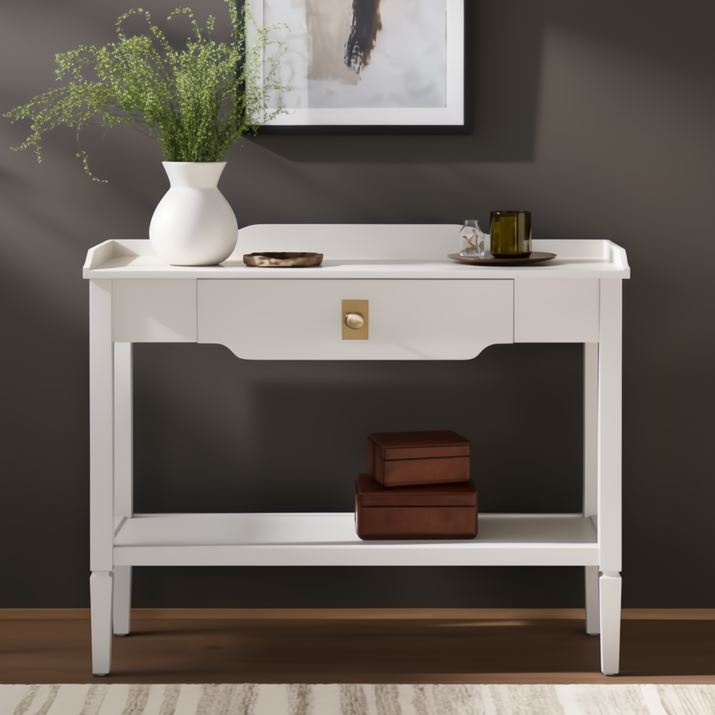 White Surya Doheny console table with a soft-close drawer, gallery top, and lower shelf.