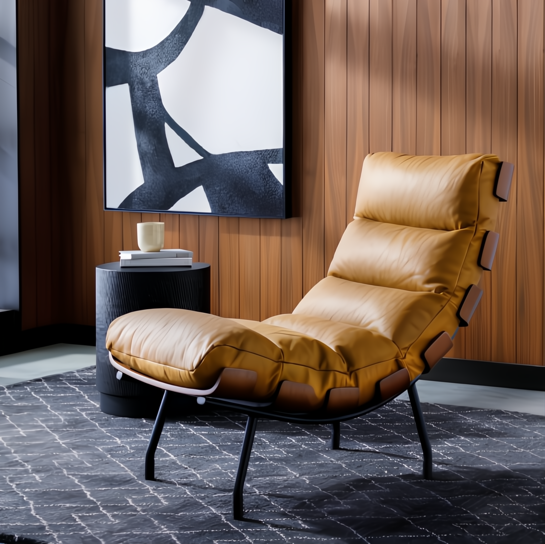 Surya Laval modern accent chair with brown leather cover, black lacquered iron base, and deep lounge-style seating.